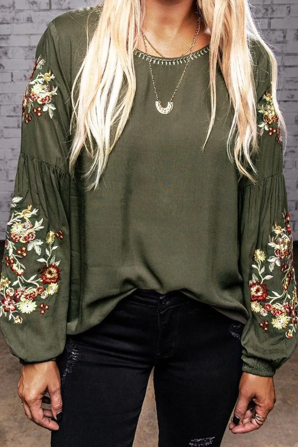 Barry Embroidered Round Neck Balloon Sleeve T-Shirt