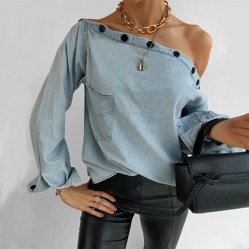 Casual One Shoulder Botton Collar Denim Shirt Blouses