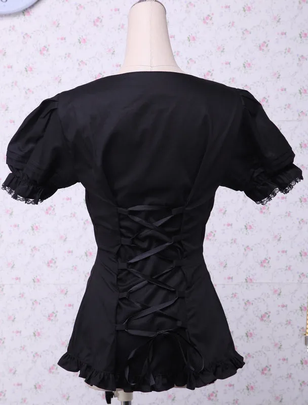 Cotton Black Lolita Blouse Short Sleeves Bow Ruffles