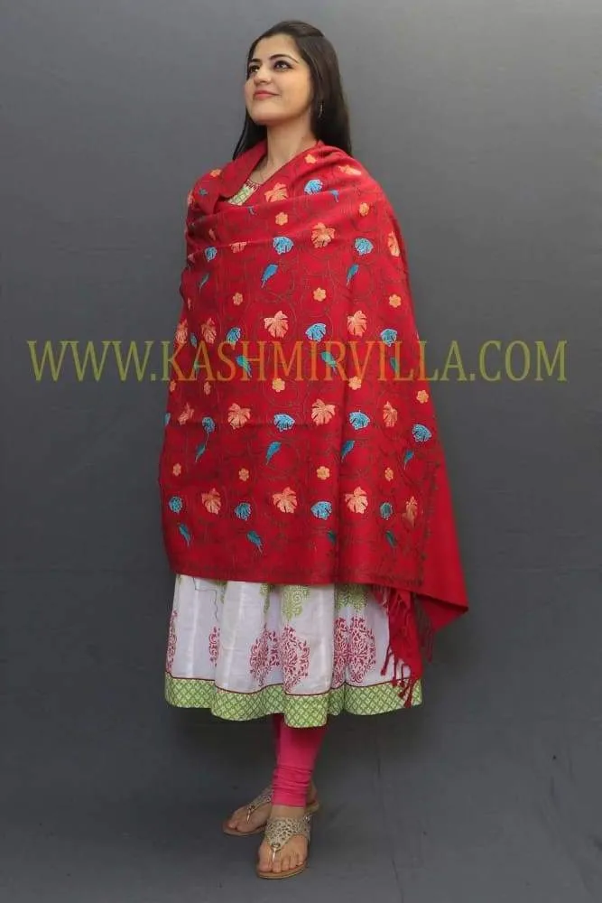 Dark Pink Color Aari Work Embroidered Shawl Enriched With Running Jaal Pattern