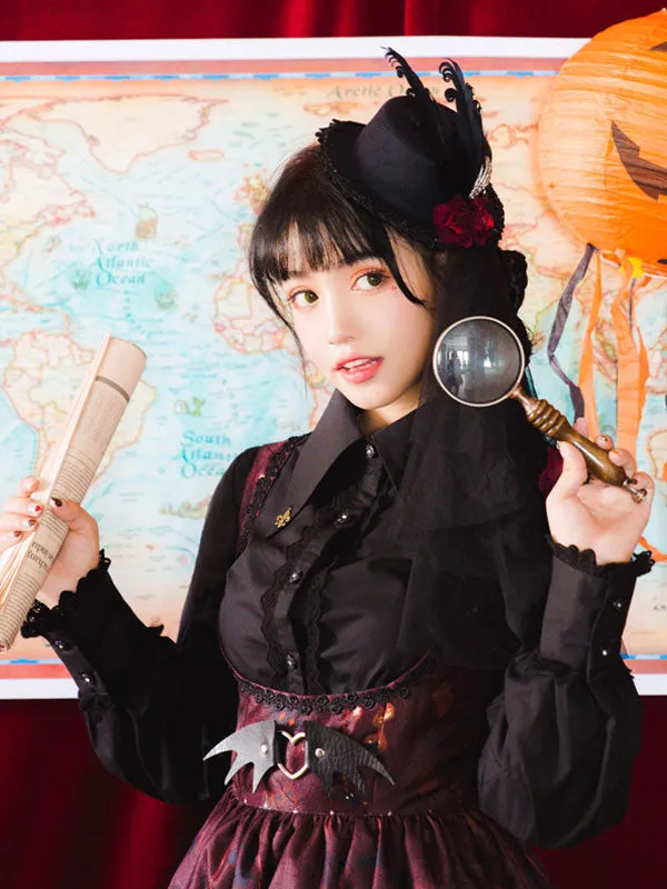 Gothic Lolita Blouse Puff Sleeve Turndown Collar Ruffles Black Lolita Top