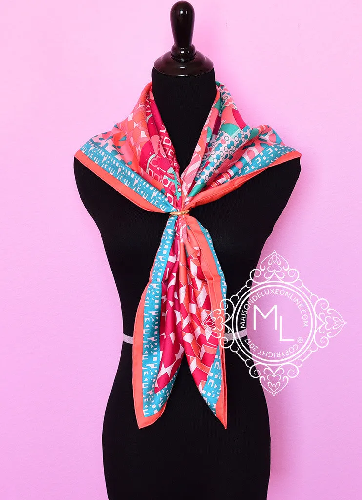 Hermes Pink Aqua Twill Silk 90 cm Ex Libris En Cravates Scarf