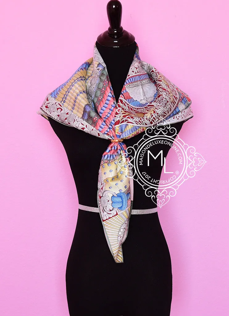Hermes Rose Pink Kaki Twill Silk 90 cm Parures De Samourais Scarf