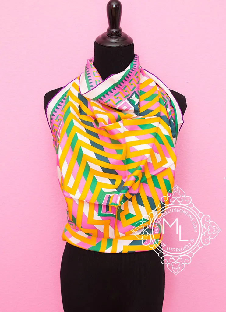Hermes Yellow Green Twill Silk 90 cm Le Fil d'Ariane Scarf