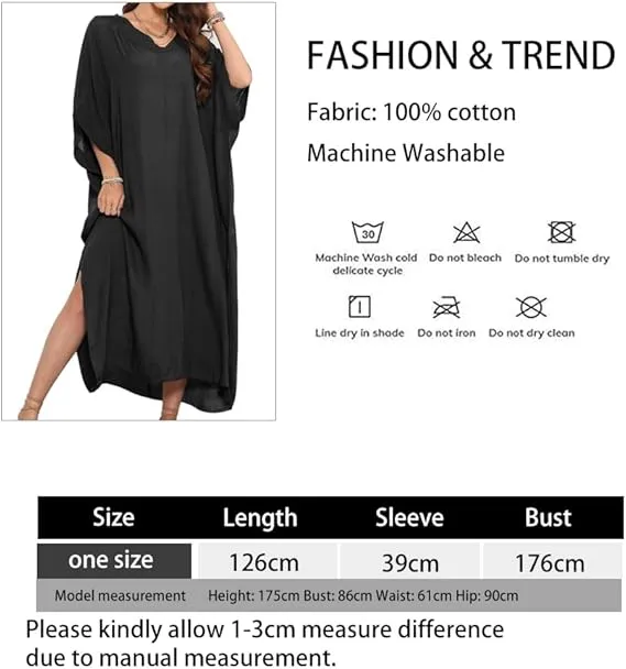 NEW HOOTO Long Swimsuit Cover Ups for Women Cotton Swimwear Beach Bathing Suit Bikini Coverups Summer Loose Beach Dress One Size Black