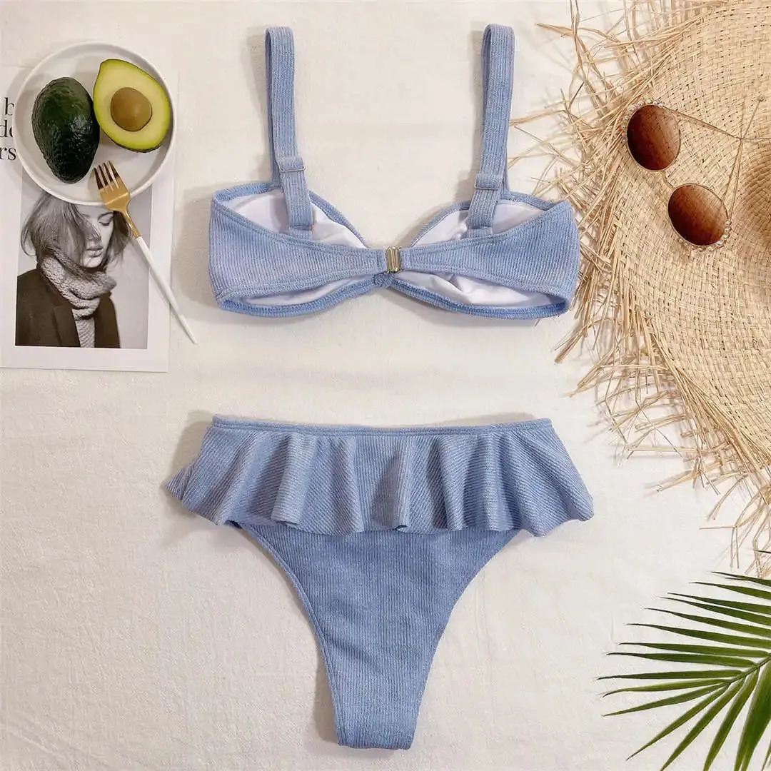 New Ruffled Knotted Bikini Two-Pieces Set Mid-Waist Bather Suit