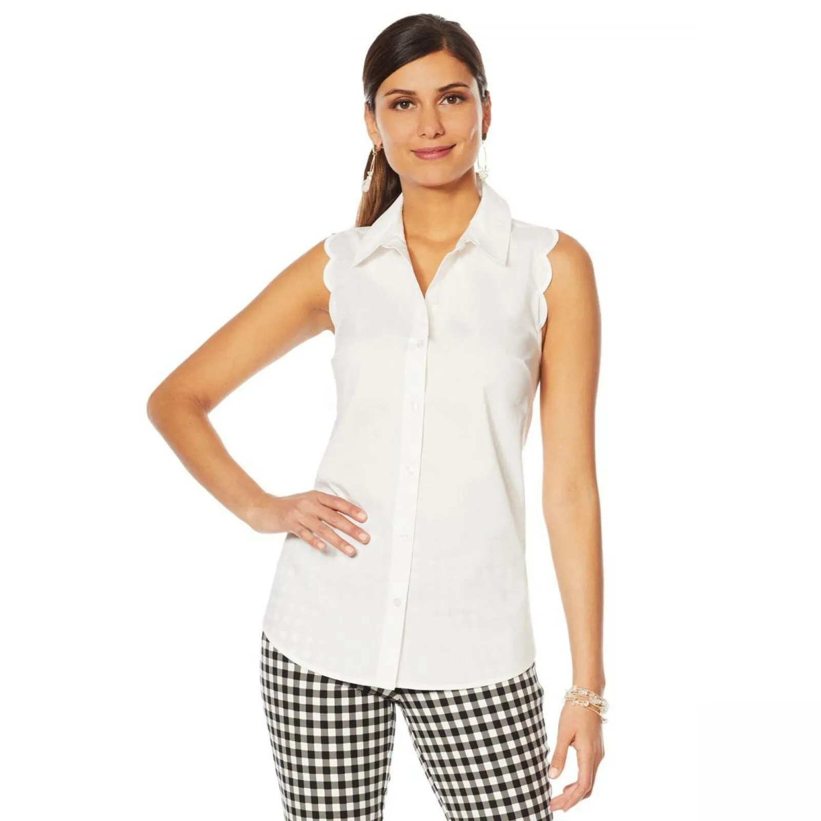 NWT Lemon Way Women's 365 Poplin Scalloped Stretch Button-Down Blouse 14 16