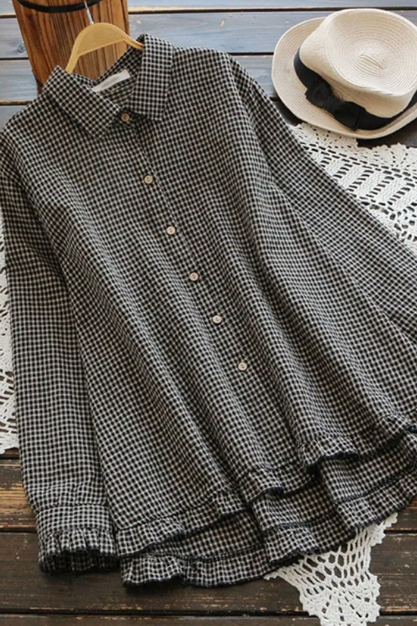 Plaid Printing Turndown Collar Cotton Blouse