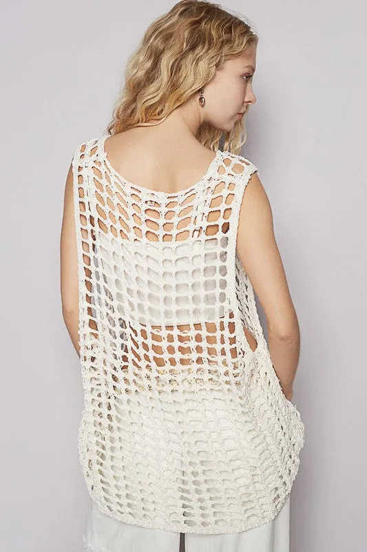 POL Flower Crochet Scoop Neck Sleeveless Knit Cover Up