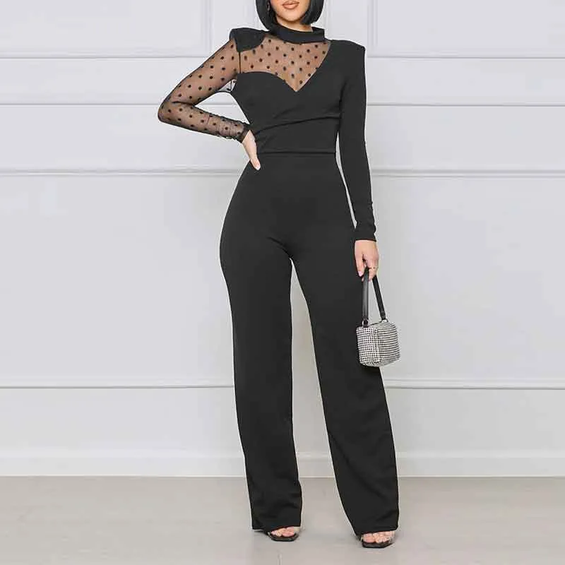 Polka Dot Print Long Sleeve Sheer Mesh Patchwork Jumpsuit