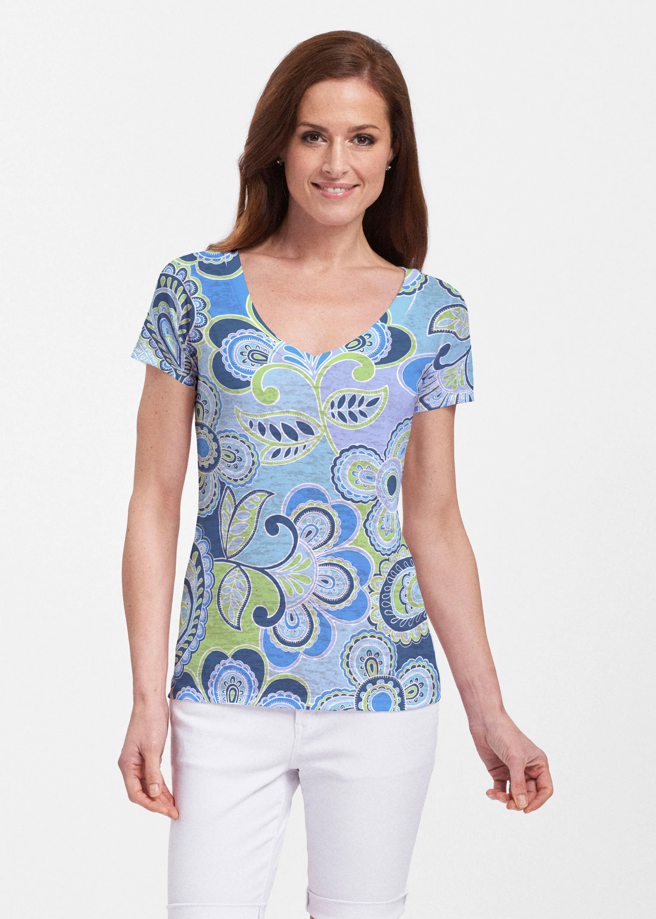 Pop Paisley Blue (13233) ~ Sheer Short Sleeve V-Neck Shirt
