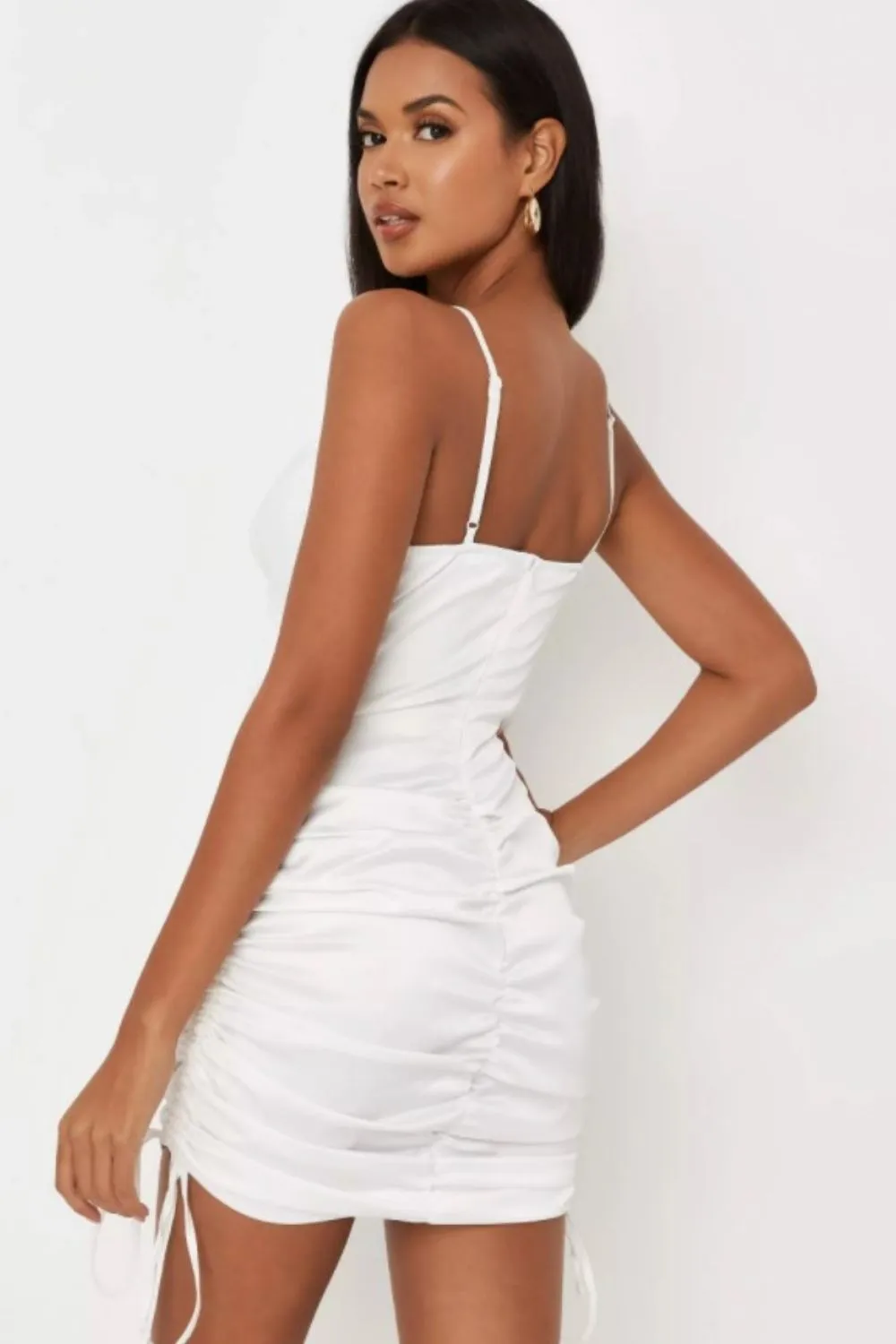 Preety White Satin Ruched Cut Out Mini Dress