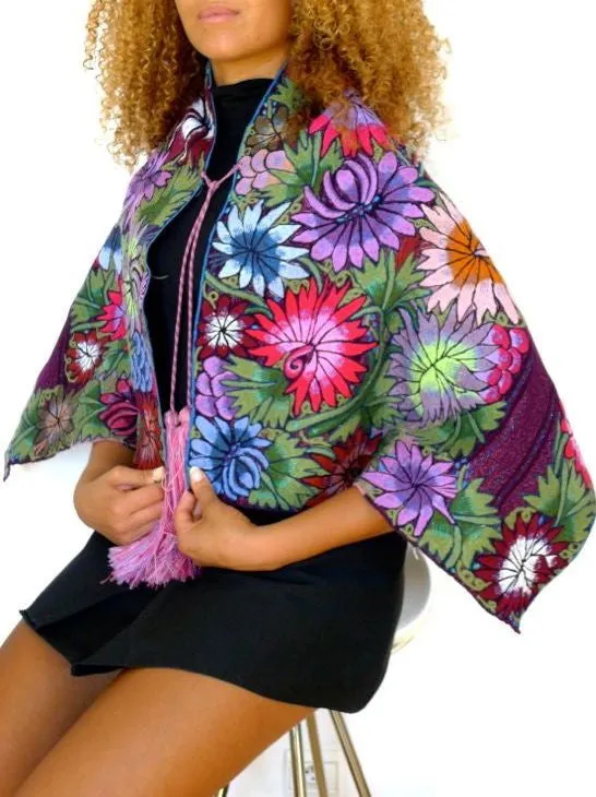 Red ,Pink,yellow Floral embroidered  Mayan shawl