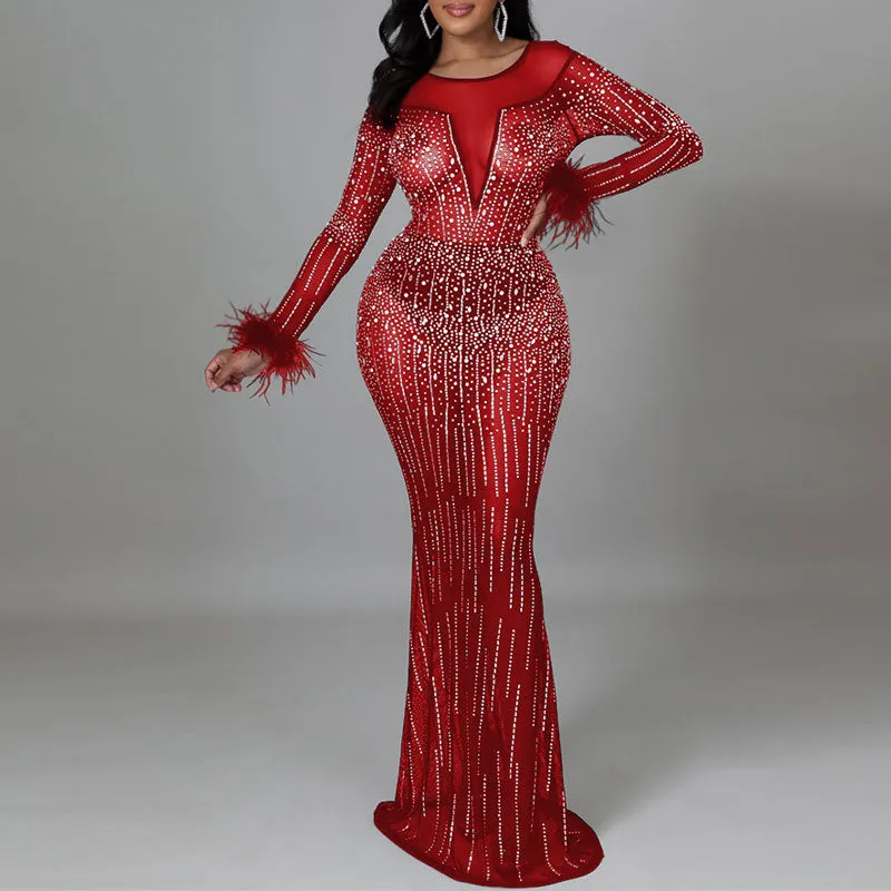 Rhinestone Long Sleeve Feather Design Sheer Mesh Maxi Dress