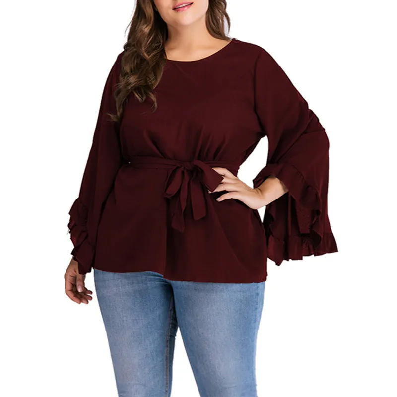 Round Neck Long Sleeve Solid Color Strap Trumpet Sleeve T-shirt Top