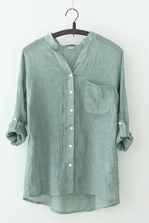 Solid Color Cotton & Linen Blouse
