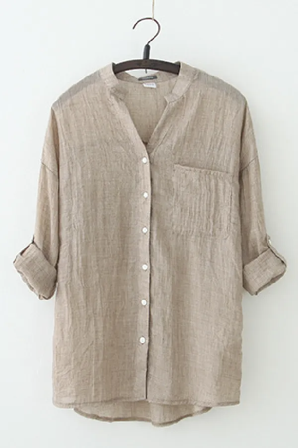 Solid Color Cotton & Linen Blouse