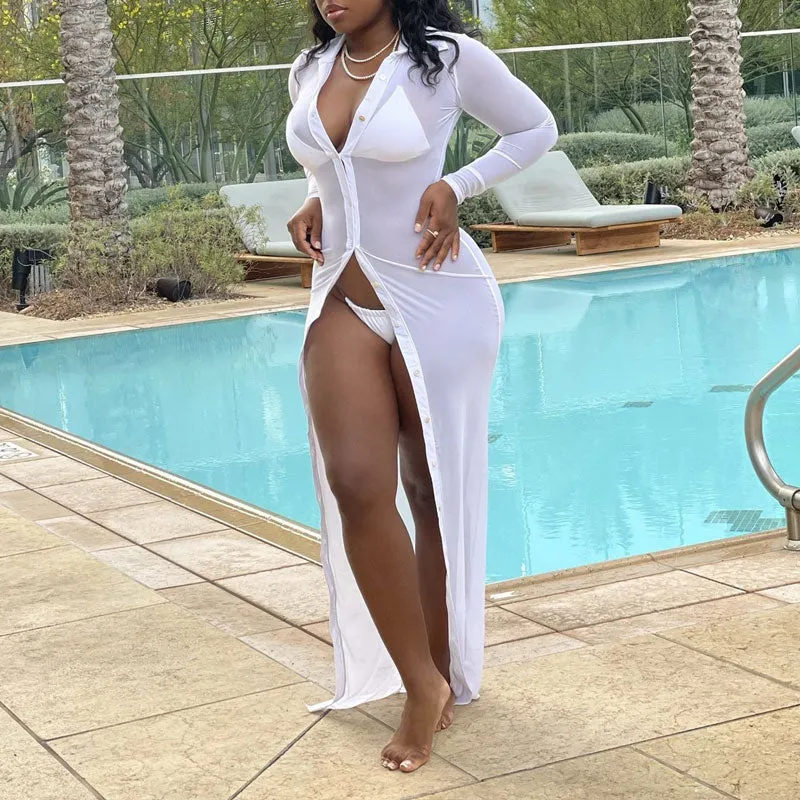 Solid Long Sleeve Sheer Mesh Beach Cover Up Dress