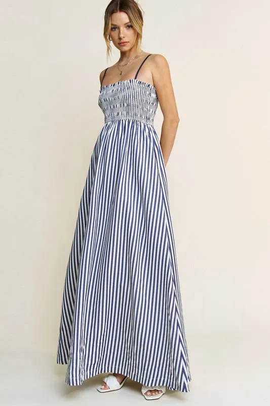 STRIPED SLEEVELESS SMOCKED POPLIN MAXI DRESS (PRE ORDER)