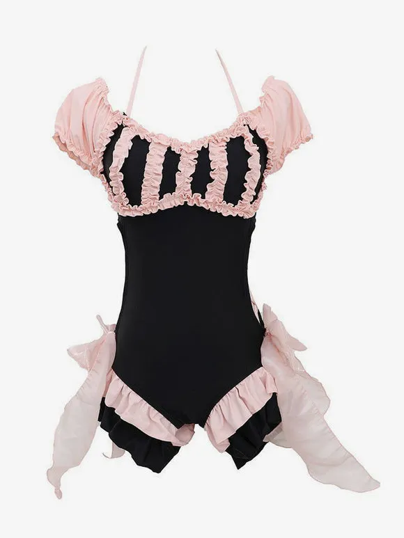 Sweet Lolita Swimsuits Black Ruffles Lace Up Sleeveless Jumpsuit
