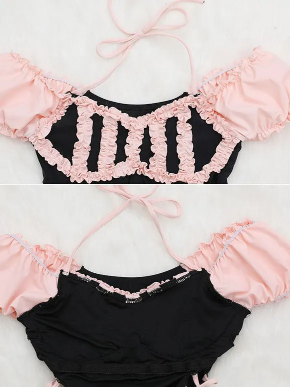Sweet Lolita Swimsuits Black Ruffles Lace Up Sleeveless Jumpsuit