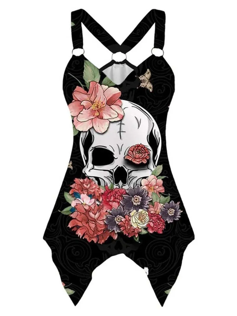 Tank Top with Skull Pattern and Pin Buckle accent