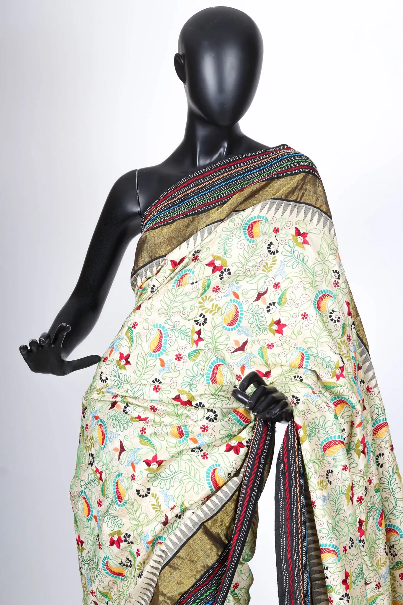 The Charulata Sari. Silk with Kantha Embroidery