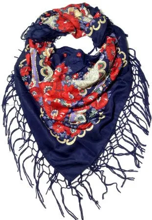 Traditional Polish Ukrainian Folk Shawl with Fringes - Navy