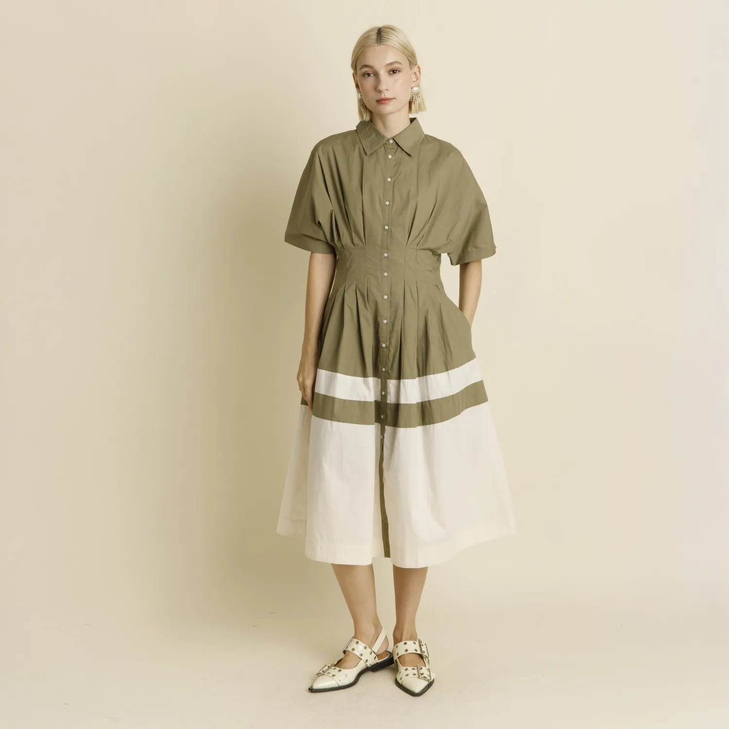 Two-Toned Pleated Midi Dress