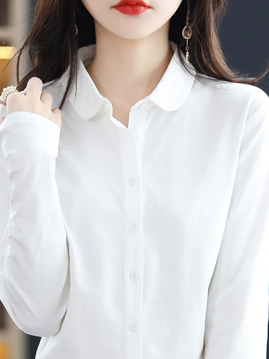 Women Spring Turn-down Collar Pure Color Cotton Shirt